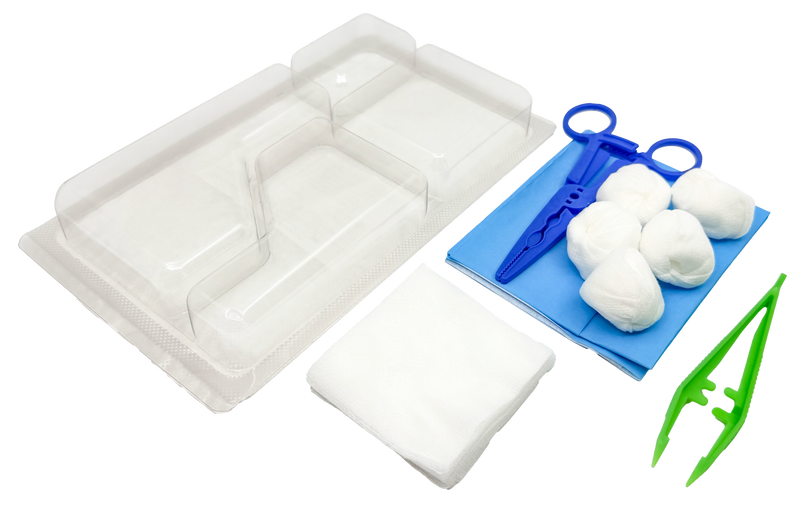 Set de pansement avec 3 pinces, compresses et boules de gaze – Carton de 5 sets