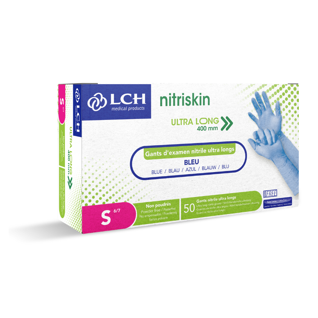 Gant d'examen Nitrile Nitriskin non poudré bleu Extra Long 40cm, boite de 50