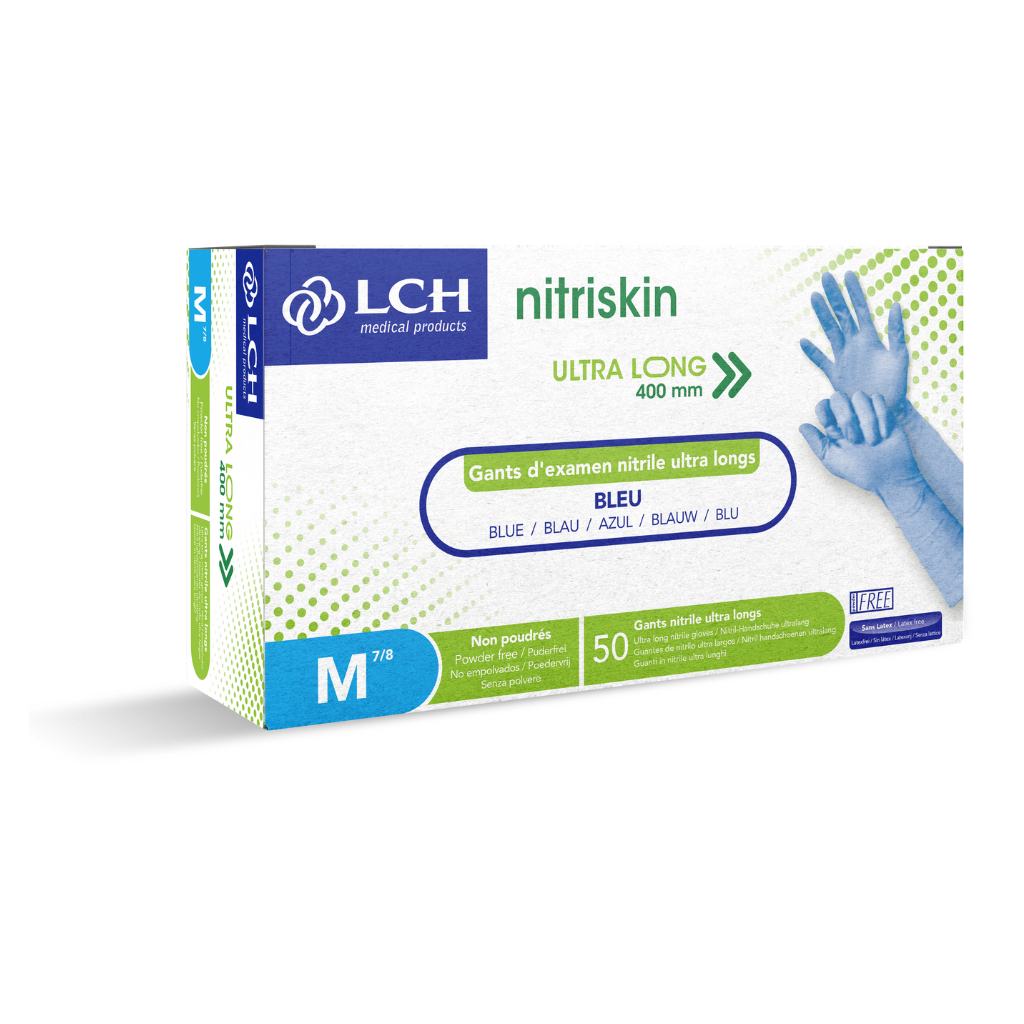 Gant d'examen Nitrile Nitriskin non poudré bleu Extra Long 40cm, boite de 50