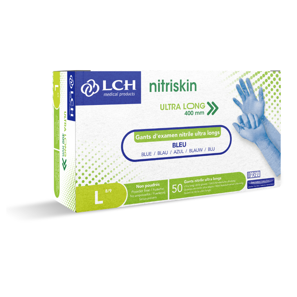 Gant d'examen Nitrile Nitriskin non poudré bleu Extra Long 40cm, boite de 50