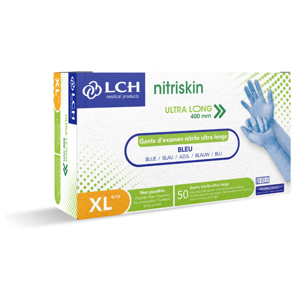 Gant d'examen Nitrile Nitriskin non poudré bleu Extra Long 40cm, boite de 50
