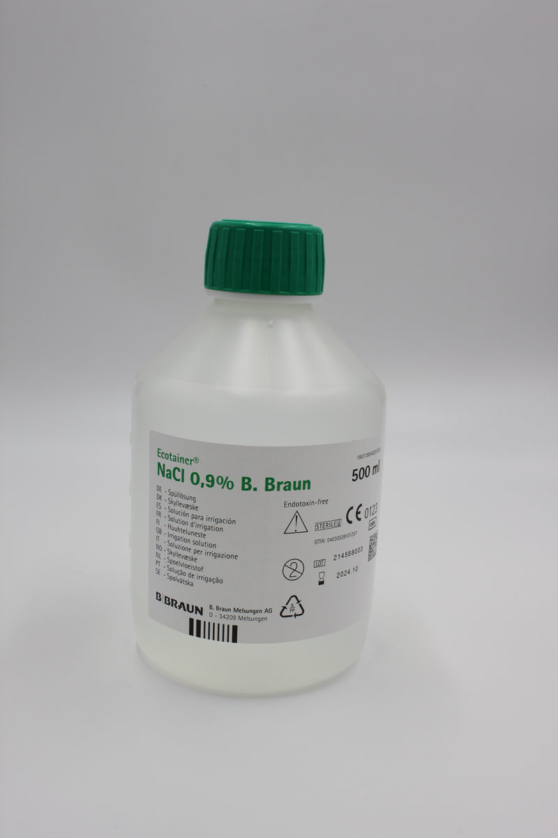 Sérum physiologique stérile NaCl 0,9%, flacon de 500 ml