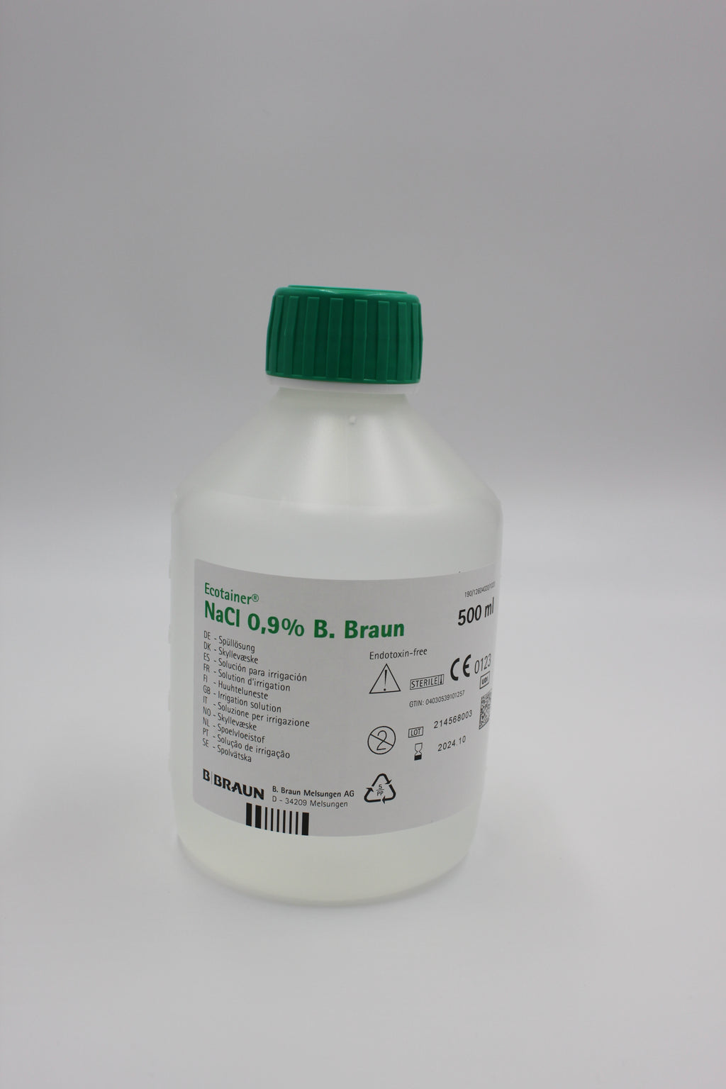 Sérum physiologique stérile NaCl 0,9%, flacon de 500 ml