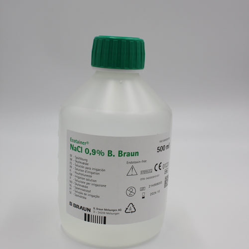 Sérum physiologique stérile NaCl 0,9%, flacon de 500 ml