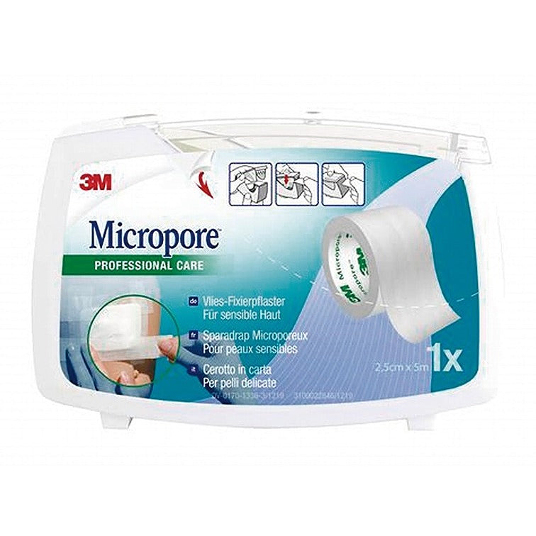 Sparadrap 3M Micropore non tissé avec dévidoir hermétique - 2,5 cm x 9,14 m