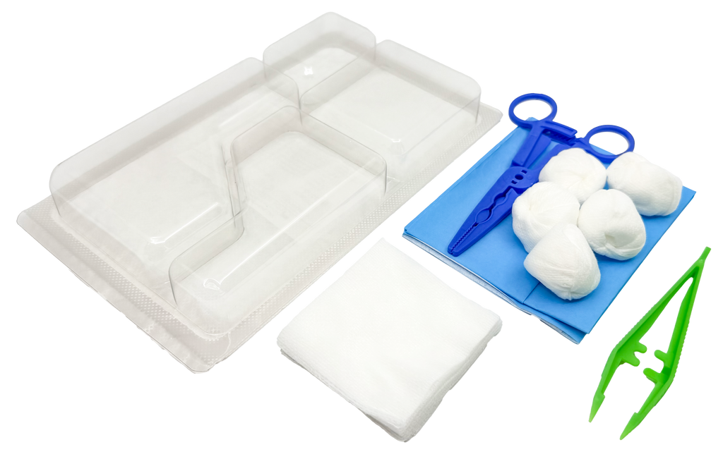 Set de pansement avec 3 pinces, compresses et boules de gaze – Carton de 5 sets