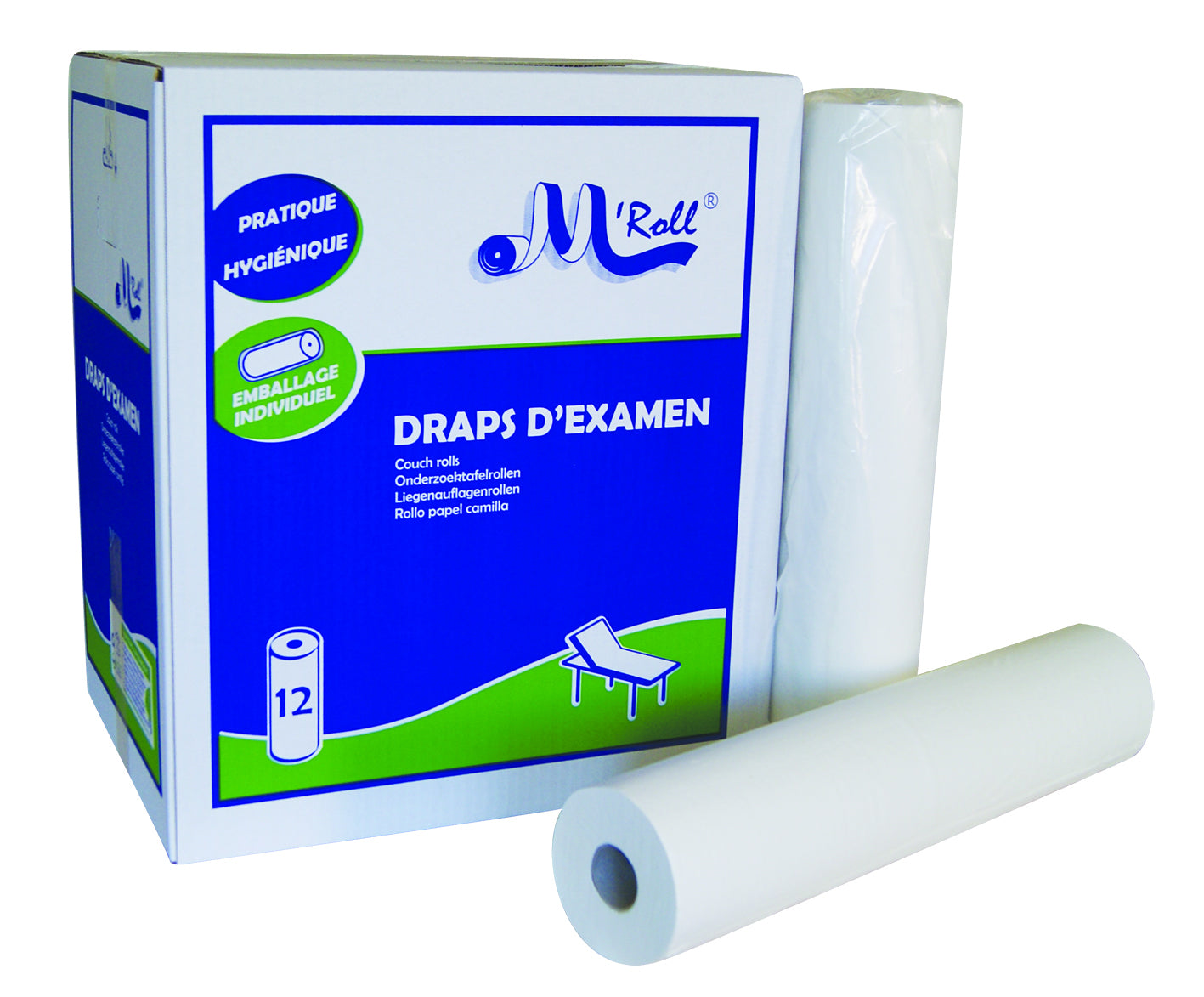 Drap d'examen ouaté lisse - 50 x 35 cm - Carton de 12 rouleaux - M'Roll